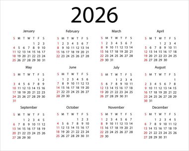 Takvim 2026. Hafta pazar günü başlıyor. Vektör illüstrasyonu