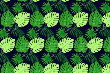 Koyu arkaplanda yeşil tropikal yaprakların pürüzsüz yinelenen deseni