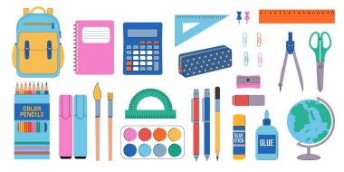 Okula dönelim. Okul gereçleri ve kırtasiye malzemeleri. Vektör illüstrasyonu