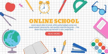 Çevrimiçi okul web afişi, poster. Çevrimiçi eğitim, e-öğrenme. Vektör illüstrasyonu