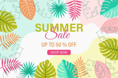 Tropikal yapraklı yaz indirimi afişi. Mevsimlik indirimler. Vektör illüstrasyonu