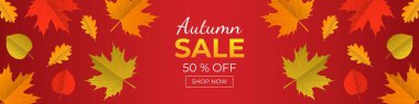 Sonbahar indirimi. Yapraklı ve% 50 indirimli yatay afiş. Vektör çizimi. Web siteleri için uygun