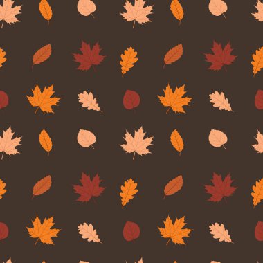 Arka plan, kumaş, duvar kağıdı, basılı madde ve koyu arkaplanda sonbahar yapraklarından ambalaj için kusursuz tekrarlama kalıbı. Vektör illüstrasyonu