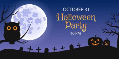 Cadılar Bayramı partisi posteri ya da afişi. Baykuş, balkabağı, dolunay ve mezarlıkla vektör illüstrasyonu.