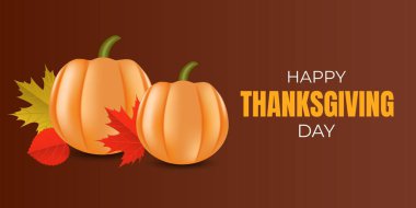 Mutlu Şükran Günleri Poster, balkabaklı pankart şablonu ve arka planda sonbahar yaprakları. Vektör illüstrasyonu