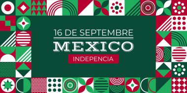 Meksika Bağımsızlık Günü afişi 16 Eylül. Geleneksel Meksika renklerinde geometrik desenli bir poster. Vektör illüstrasyonu