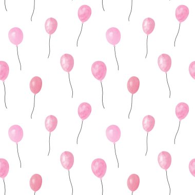 Renkli parti balonlarının renksiz suluboya desenleri pembe pastel renkler. Tekstil, kumaş, ambalaj kağıdı ve bebek tekstil için el boyası balon..