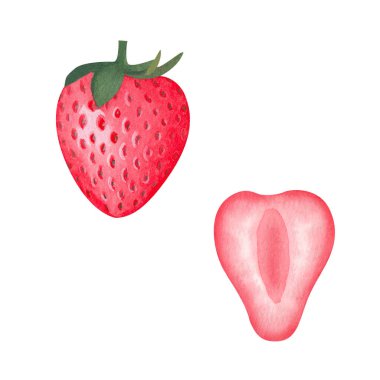 Yapraklı sulu kırmızı çilek. Yemek arkaplanı, parlak boyanmış kompozisyon. Elle çizilmiş yemek çizimi. Meyve izi. Yaz tatlı meyveler ve meyveler.