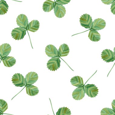 Yeşilimsi suluboya desenli, beyaz arka planda çilek yeşili yapraklı. Tekstil, ambalaj, tebrik kartları, duvar kağıtları için