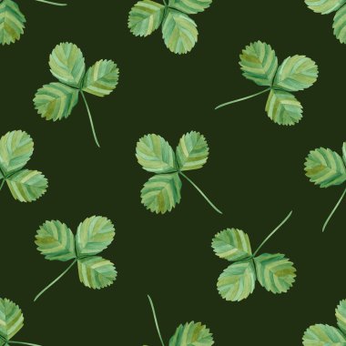 Koyu yeşil arka planda dikişsiz suluboya desen. Çilek yapraklı el çizimi. Tekstil, ambalaj kağıdı, tasarım hurda defteri, davetiyeler vs. için kullanılabilir
