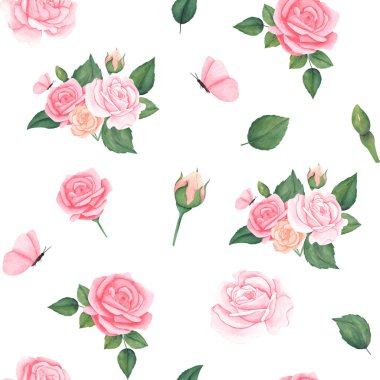 Pembe pastel güller, yapraklar ve kelebek desenli harika sulu boya deseni. Kumaş, tekstil, ambalaj kağıdı için resim.