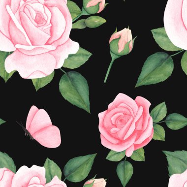 Siyah arka planda pembe şeftali rengi güllerle sulu boya deseni. Baskı, tekstil, kumaş, ambalaj kağıdı