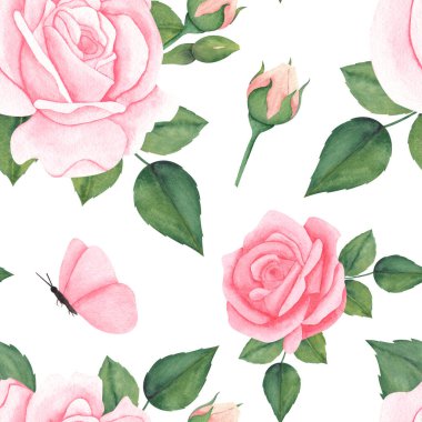 Kusursuz suluboya çiçek deseni. Pembe allık çiçek unsurları, beyaz arka planda yeşil yapraklar. Ambalajlar, duvar kağıtları, kartpostallar, tebrik kartları, düğün davetiyeleri, romantik etkinlikler için.