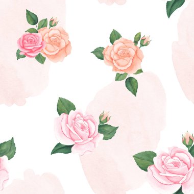 Kusursuz suluboya çiçek deseni. Pembe allık çiçek unsurları. Beyaz arka planda pembe suluboya lekeli yeşil yapraklar. Ambalajlar, duvar kağıtları, kartpostallar, tebrik kartları, düğün davetiyeleri, romantik etkinlikler için.