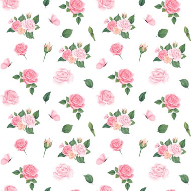 Pembe pastel güller, yapraklar ve kelebek desenli harika sulu boya deseni. Kumaş, tekstil, ambalaj kağıdı, dükkan.