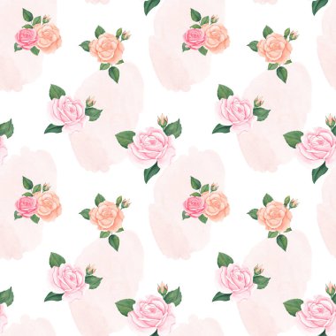 Kusursuz suluboya çiçek deseni. Pembe allık çiçek unsurları. Beyaz arka planda pembe suluboya lekeli yeşil yapraklar. Ambalajlar, duvar kağıtları, kartpostallar, tebrik kartları, düğün davetiyeleri, romantik etkinlikler için