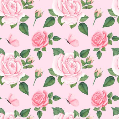 Pembe Gül Çiçekleri ile kusursuz çiçek deseni. Antika tarzında izole edilmiş arkaplanda botanik renkli çizimler. Paket kağıdı veya tekstil tasarımı için el çizimi arkaplan.