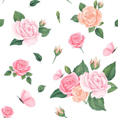 Pembe pastel güller, yapraklar ve kelebek desenli harika sulu boya deseni. Kumaş, tekstil, ambalaj kağıdı için resim,