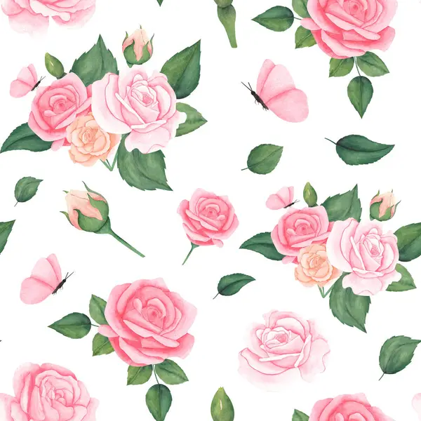 seamless pattern with pink paste roses, leaves and butterfly. Watercolor art for design, fabric, textile, wrapping paper.