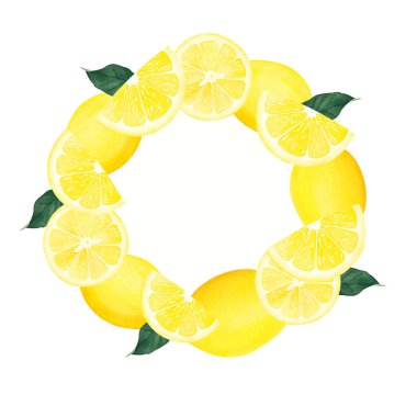 Suluboya Lemon 'un el yapımı yuvarlak çerçevesi. Limon ve yaprakların suluboya çizimi. Geçmiş, doğum günü, anneler günü vesaire için tebrik kartı olarak kullanılabilir..