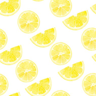 Sarı limon meyveli suluboya desenli. Tam ve dilimlenmiş limon. Tasarım, tekstil, kumaş, ambalaj kağıdı, peçete