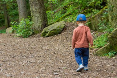 Küçük bir çocuk ilkbaharın başlarında ormanda yürüyüş yapıyor. Çocuklar için açık hava oyunları. Yüksek kalite fotoğraf