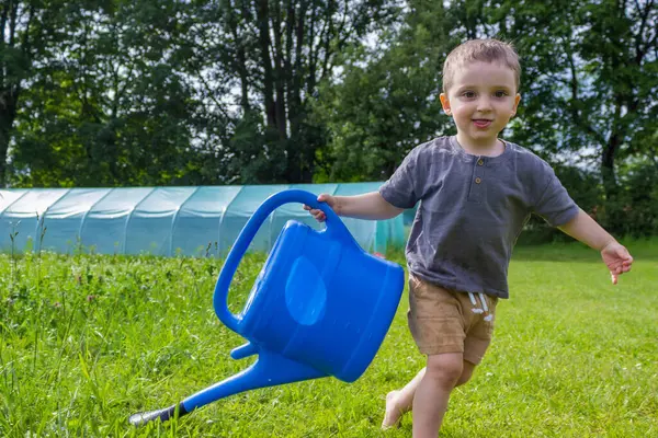 Çocuk bir seranın yakınındaki bir meyve sulama kutusundan sebze bahçesini suluyor. Yüksek kalite fotoğraf