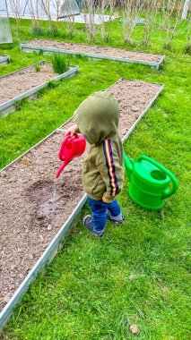 Çocuk bir seranın yakınındaki bir meyve sulama kutusundan sebze bahçesini suluyor. Yüksek kalite fotoğraf
