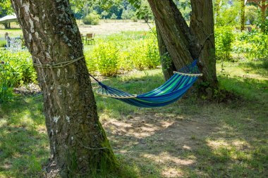 Bir kır bahçesinin avlusunda asılı duran mavi hamak. Yüksek kalite fotoğraf