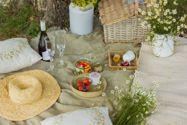 Güzel beyaz boho tarzı dekor. Ağacın altındaki çimlerde piknik yapmak. Yüksek kalite fotoğraf