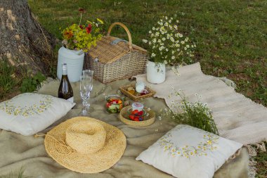 Güzel beyaz boho tarzı dekor. Ağacın altındaki çimlerde piknik yapmak. Yüksek kalite fotoğraf