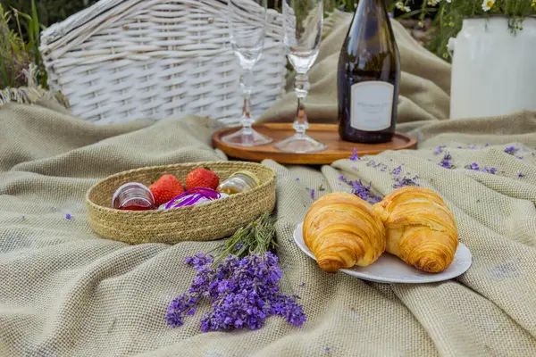 Lavanta tarlasında şarap ve peynirli yaz pikniği, açık hava, gün batımı doğal ışık. Yüksek kalite fotoğraf