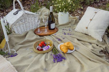 Lavanta tarlasında şarap ve peynirli yaz pikniği, açık hava, gün batımı doğal ışık. Yüksek kalite fotoğraf