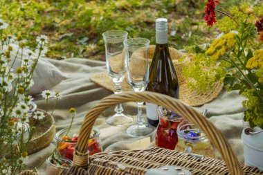 Güzel beyaz boho tarzı dekor. Ağacın altındaki çimlerde piknik yapmak. Yüksek kalite fotoğraf