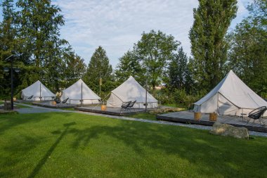 Ormanda, tahta platformlar ve mobilyalarla kurulmuş kamp çadırları. Yüksek kalite fotoğraf