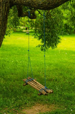 Baharda parkta boş salıncak sallanıyor. Yüksek kalite fotoğraf