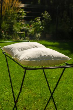 Bahçedeki açık havada iki beyaz yastık kuruyor ya da havalandırılıyor. Yüksek kalite fotoğraf