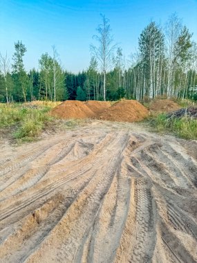 Toprak toprak yığınları ve görülebilir lastik izleriyle bir orman manzarası. Yüksek kalite fotoğraf