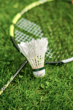 Badminton raketi ve çim arka planda küçük bir horoz. Yüksek kalite fotoğraf