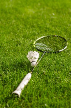 Badminton raketi ve çim arka planda küçük bir horoz. Yüksek kalite fotoğraf