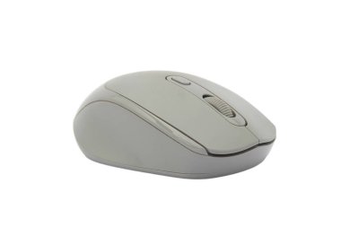 Modern teknoloji kullanımı için ergonomik tasarım ve kaydırma tekerleği içeren gri arka planda izole edilmiş kablosuz bilgisayar faresi. Gri bir bilgisayar faresi temiz beyaz bir arkaplanda konumlandırıldı. Fare, farklı bir mezhebe sahip iki tonluk bir tasarım sunar.