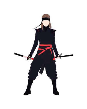 Düz vektör insanlar ve çizimler, Japon savaşçı kıyafeti giyen kadın.