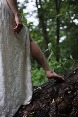 Ağaç gövdesinde yürüyen beyaz elbiseli güzel bacaklı kız.