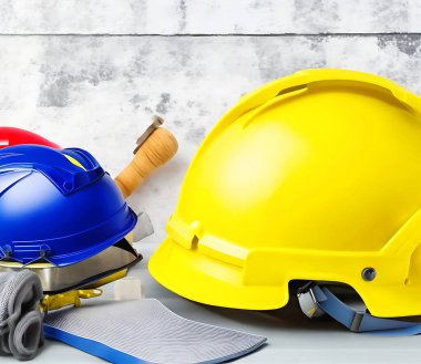 Mutlu İşçi Bayramı konsepti miğfer yelesi ve çalışma araçları arka planı 