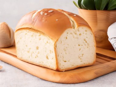 Arka planda ekmek sepeti olan bir somun ekmek kesim tahtasının üzerinde. 