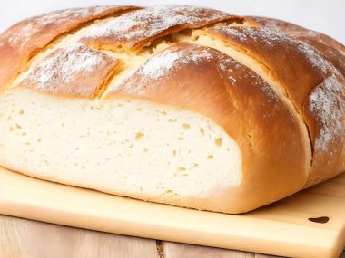 Arka planda ekmek sepeti olan bir somun ekmek kesim tahtasının üzerinde. 