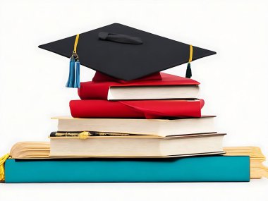 Mezuniyet şapkası kitap ve diploma yığını 