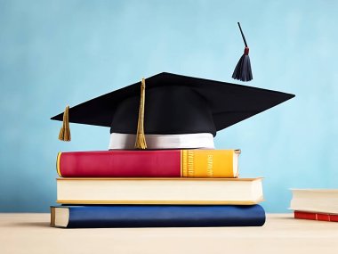 Mezuniyet şapkası, kitaplar ve diploma geçmişi.