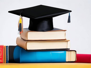 Mezuniyet şapkası bir yığın kitap ve diploma beyaz arka planda