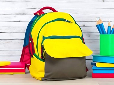 Arka planda Mavi Okul Sırt çantası 